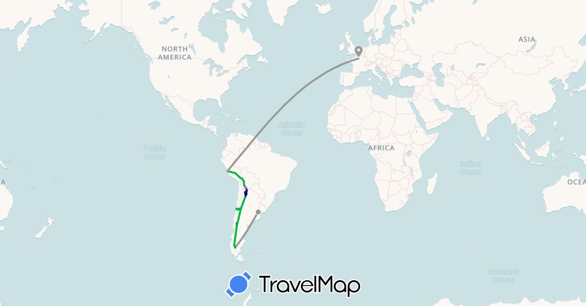 TravelMap itinerary: driving, bus, plane, train in Argentina, Bolivia, France, Peru (Europe, South America)